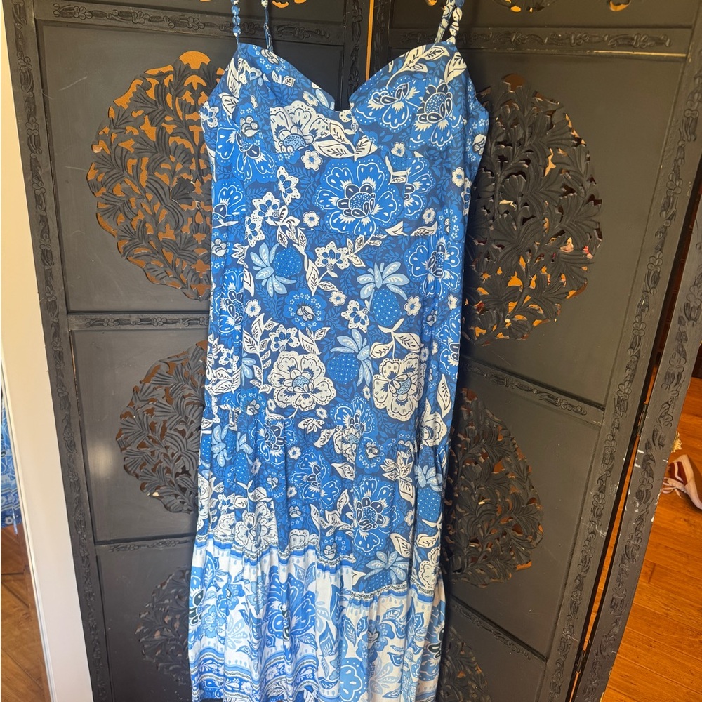 Farm Rio Beautiful Blue Full Of Flowers Organic Cotton Midi Dress